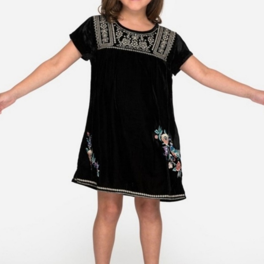 Johnny Was black velvet peasant dress embroidered floral detail girls